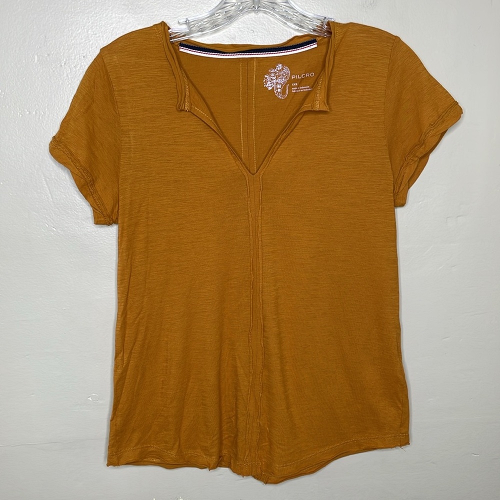 PILCRO Shirt Mustard Gold Split Neck Short Sleeve Cotton Blend Popover XS